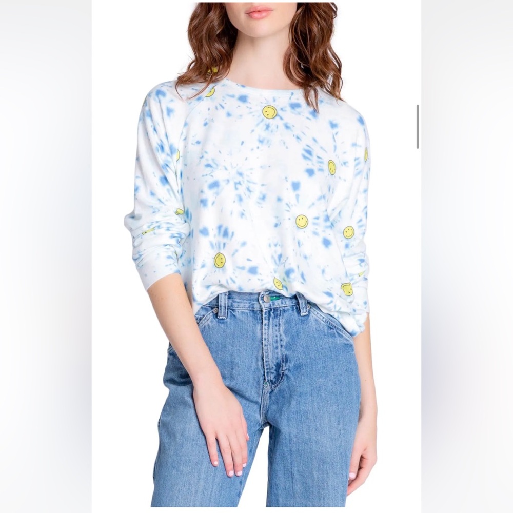 PJ Salvage Smiley medium crewneck sweatshirt tie dye white blue yellow FREE GIFT